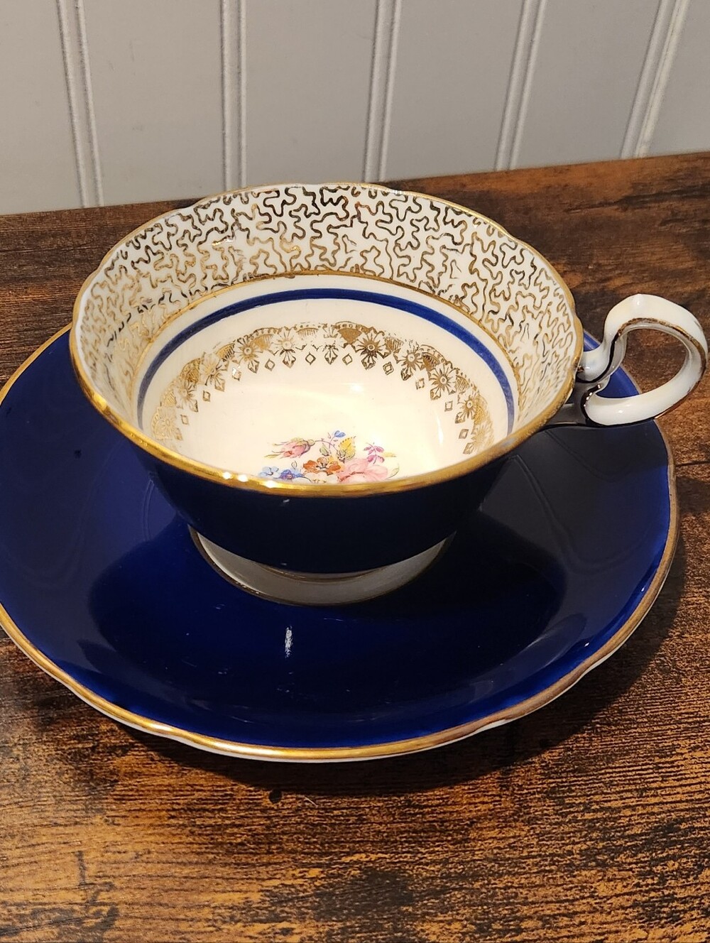 Vintage Aynsley England Bone China Cobalt Blue Gold Filigree Floral Cup & Saucer